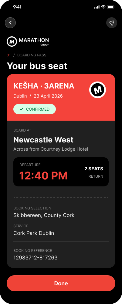Confirmed booking with pickup point, departure time and seat count