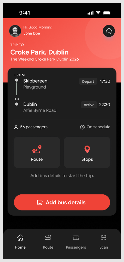 Driver trip overview with route, stops and passenger count