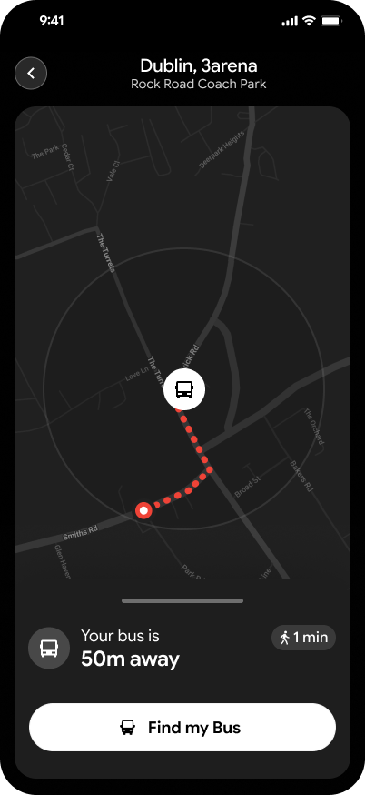 Find My Bus showing the bus 50 metres away and a one minute walk