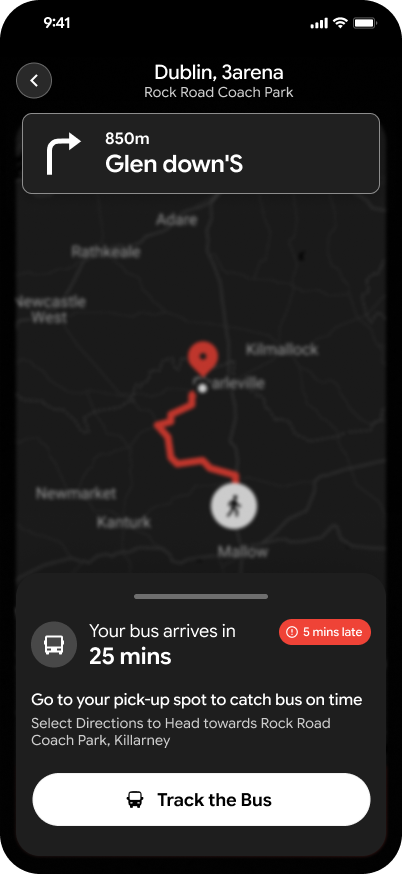 Walking directions to the pickup point and access to bus tracking