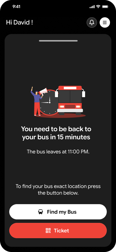 Return reminder: be back at the bus in 15 minutes, with Find My Bus and Ticket buttons