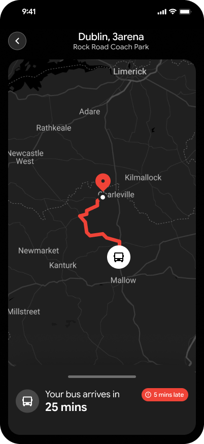 Track My Bus screen showing live bus location, arrival estimate and delay status